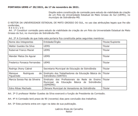 UEMS publica portaria da comissão para instalação do polo em Sidrolândia