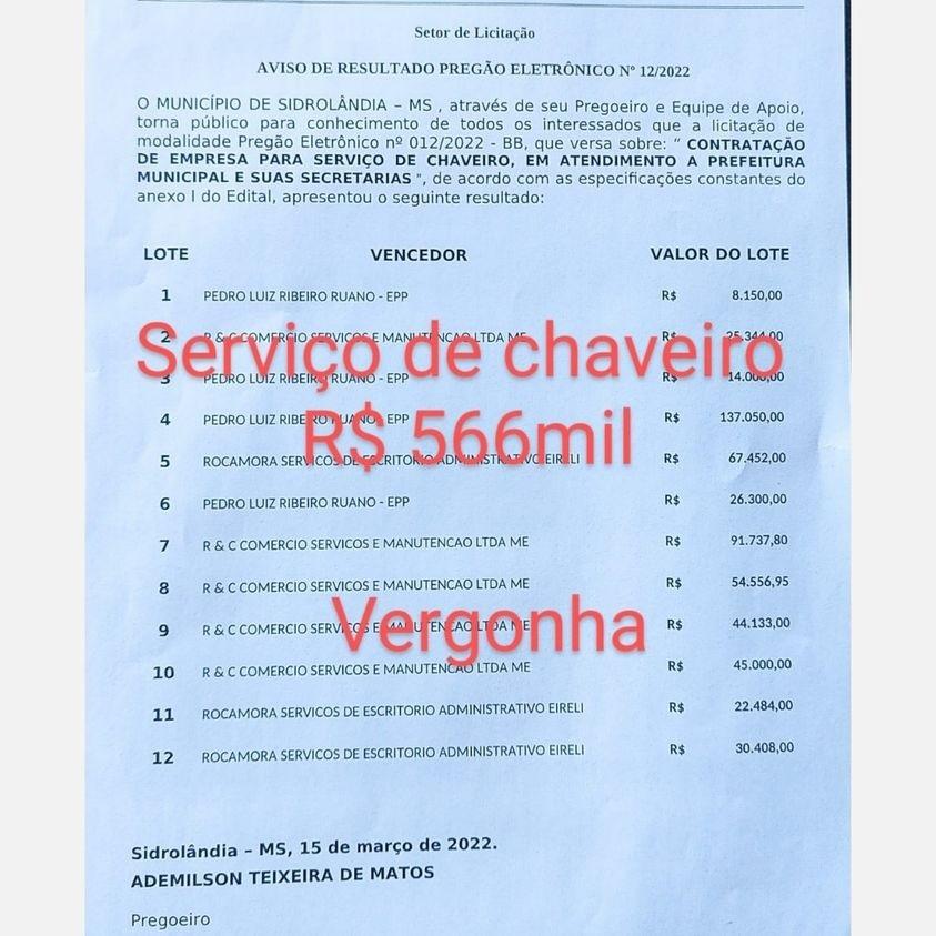 Prefeitura de Sidrolândia contrata serviços de chaveiro por meio milhão de reais 