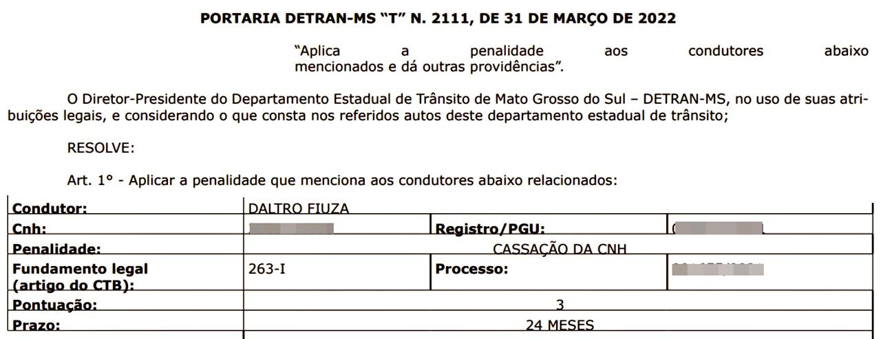 “CNH” de ex-prefeito de Sidrolândia  “CASSADA” pelo período de 24 meses