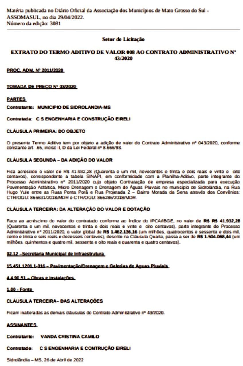  Contrato passa de R$ 1.500.000,00, após prefeita acrescentar dois valores na mesma data, para uma mesma empresa em Sidrolândia