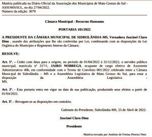 Câmara Municipal de Sidrolândia cede servidor com “ÔNUS” para a Assembleia Legislativa