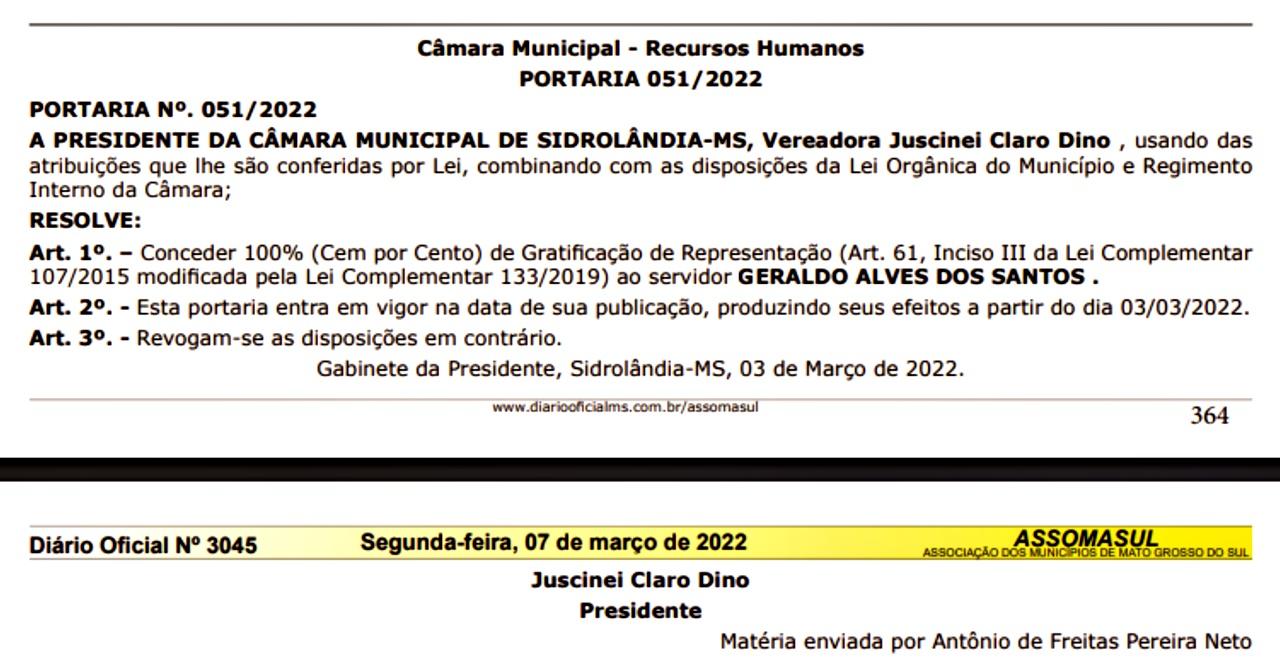 JUSCINEI CLARO exonera o Procurador-Geral da Câmara Municipal de Sidrolândia