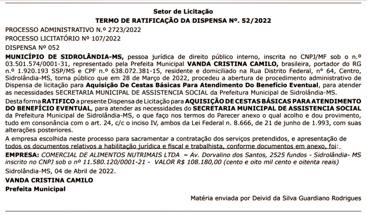 Prefeita  Vanda Camilo ,contrata EMPRESA com “DISPENSA DE LICITAÇÃO”, para aquisição de Cestas Básicas no valor de R$ 108.180,00