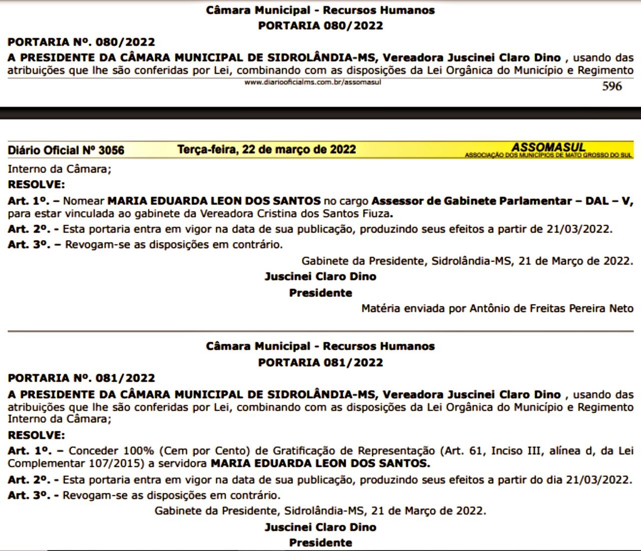 Presidenta Câmara de Sidrolândia JUSCINEI CLARO nomeia mais “02 COMISSIONADOS”