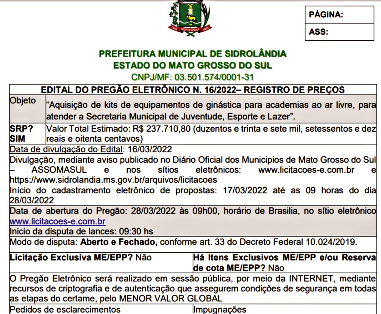  Prefeita Vanda Camilo , publica licitação para “aquisição de kits de equipamentos de ginástica” no valor estimado de R$ 237.710,80