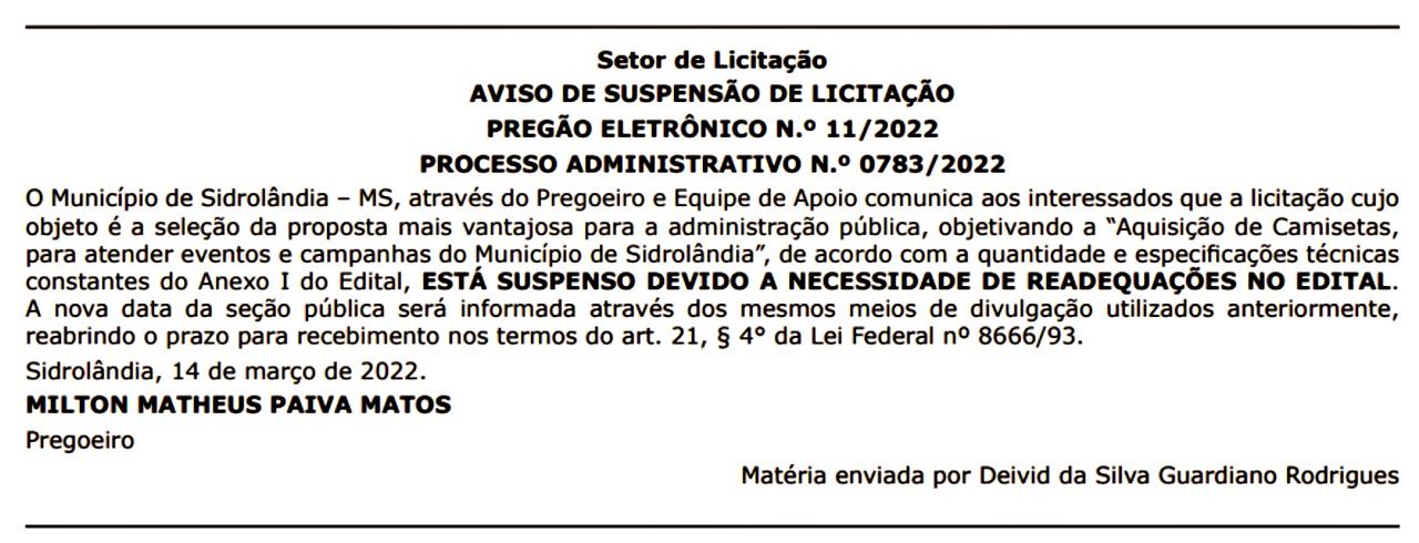 Licitação da Prefeitura de Sidrolândia para compra de 54.000 camisetas foi suspensa após determinação do TCE