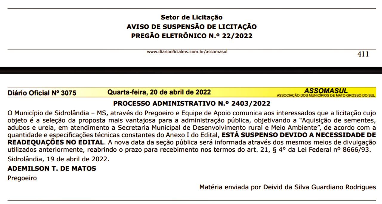 SIDROLÂNDIA: prefeitura “SUSPENDE LICITAÇÕES” alegando necessidade de readequações